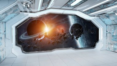 Beyaz mavi uzay gemisi fütüristik iç pencere manzaralı spa