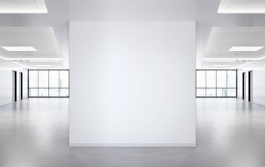Büyük pencereler ve güneş p ile ofis mockup boş kare duvar