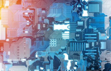 Fütüristik mavi ve turuncu teknoloji paneli arka plan ile lots-in de