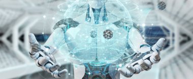 Beyaz adam cyborg Planet Earth arabirimi 3d işleme kullanarak