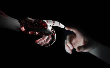 Kırmızı robot el eller 3d render ile temas