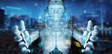 Dijital yapay zeka kafa Interfac kullanarak beyaz robot