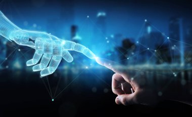 Karanlık 3d üzerinde insan eli ile bağlantı Wireframed Robot el parçalamak