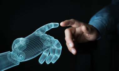 Wireframed Robot el temas karanlık 3d insan eliyle 
