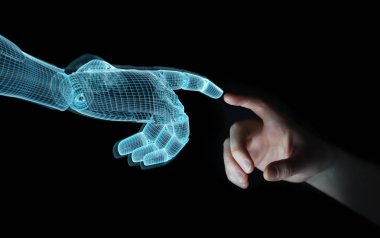 Wireframed Robot el temas karanlık 3d insan eliyle 