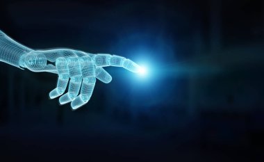 Wireframed robot el işaret parmağı üzerinde karanlık 3d Render mavi