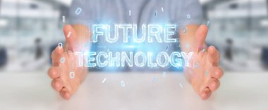 Geleceğin teknolojisi metin arabirimi 3d rendering kullanarak iş adamı