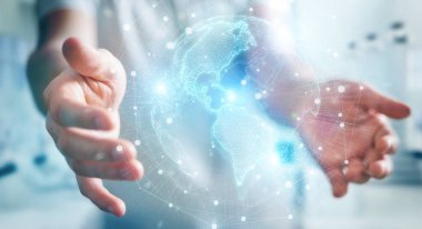 İşadamı Amerika'yı kullanarak Amerika haritası küre ağ hologram 3d rend