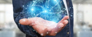 Avrupa harita küre ağ hologram 3d render kullanarak İşadamı