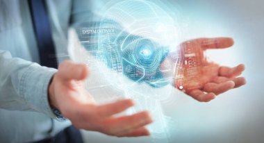 Dijital yapay zeka kafa arayüzünü kullanan işadamı