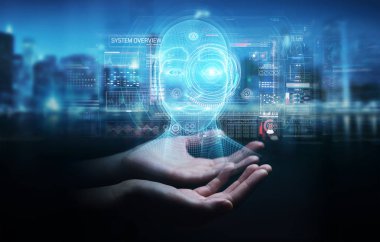 Dijital yapay zeka kafa arayüzünü kullanan işadamı