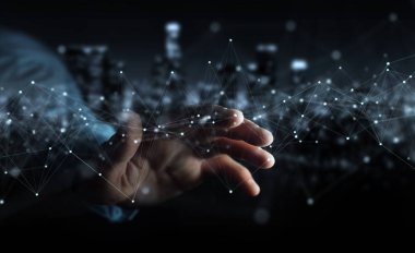 Nokta ile yüzen dijital ağ bağlantılarını kullanan işadamı