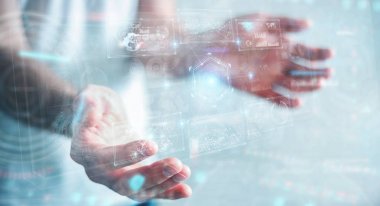 Verileri 3D ile dijital teknolojik arayüz kullanan işadamı 