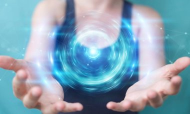 Kadın yeni fütüristik enerji güç kaynağı 3d render oluşturma