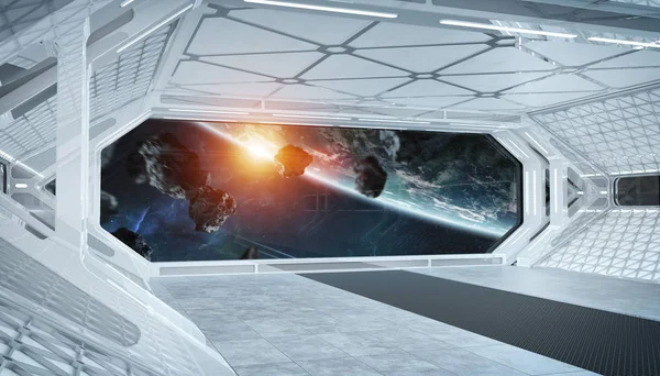 White blue spaceship futuristic interior with window view on pla