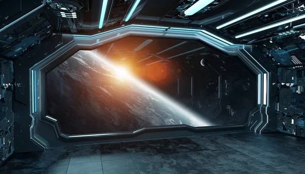 暗いブルーの宇宙船未来的なインテリア計画のウィンドウ ビュー — ストック写真