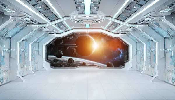 Vit blå rymdskepp futuristisk interiör med fönster syn på spa — Stockfoto
