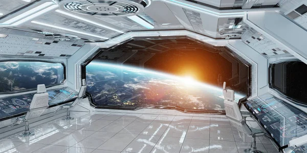 White clean spaceship interior with view on planet Earth 3D rend — Stock Photo, Image