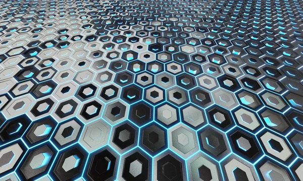 Brillante patrón de fondo hexagones negro y azul en plata se reunió —  Fotos de Stock