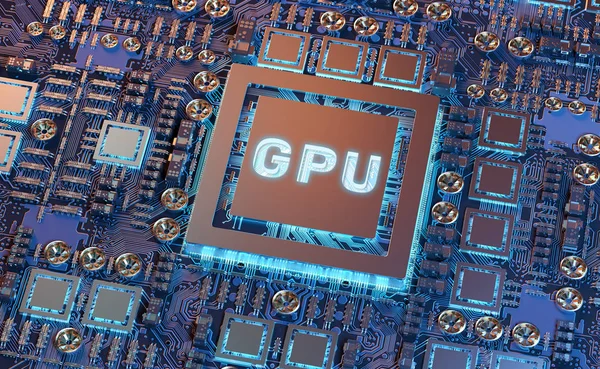 Vue rapprochée d'une carte GPU moderne avec rendu 3D de circuit — Photo