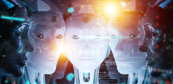 Grupo de cabeças de robôs femininos usando telas holográficas digitais 3d r — Fotografia de Stock