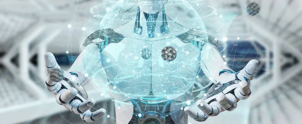 Vit man cyborg med planeten jorden gränssnitt 3d-rendering — Stockfoto