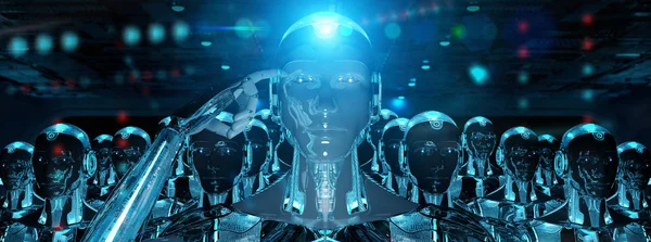 Gruppo di robot maschili seguente leader cyborg esercito rendering 3d — Foto Stock