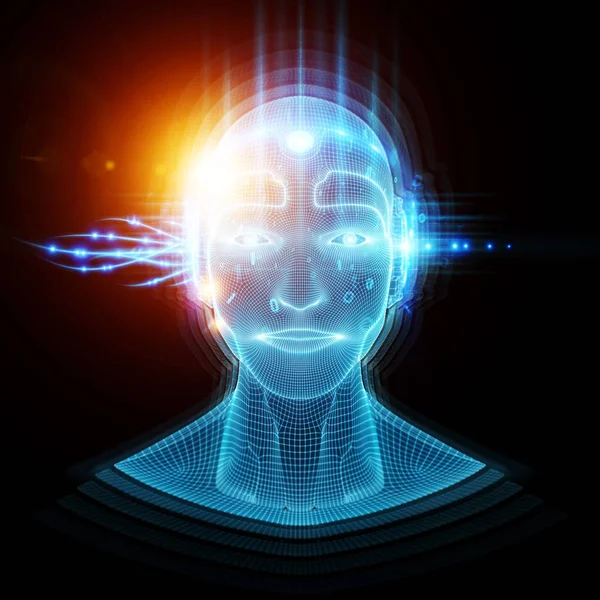 Ρομπότ cyborg άνθρωπος κεφάλι τεχνητή νοημοσύνη μάθησης 3d καθιστούν — Φωτογραφία Αρχείου