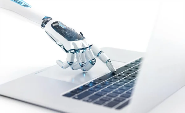 White robot cyborg hand pressing a keyboard on a laptop 3D rende