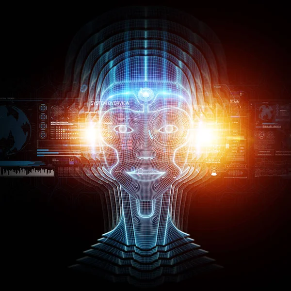 Robot cyborg cabeza inteligencia artificial aprendizaje 3D renderizado — Foto de Stock
