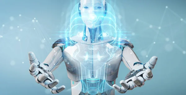 Білий робот використовує цифровий інтерфейс голови штучного інтелекту — стокове фото
