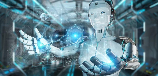 Bílý humanoidní robot používající digitální technologické rozhraní s — Stock fotografie