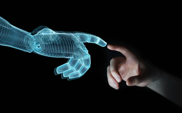 Wireframed Robot mână de a face contact cu mâna umană pe întuneric 3D — Fotografie, imagine de stoc