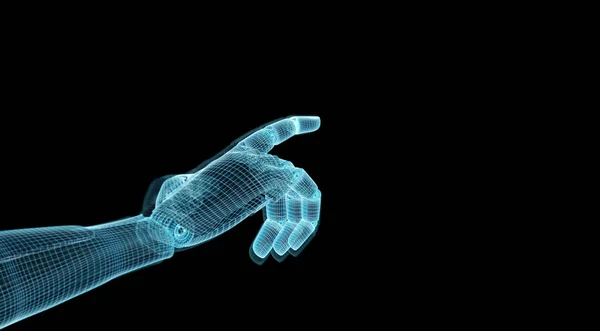 Mano robot azul Wireframed apuntando con el dedo a la representación 3D oscura —  Fotos de Stock