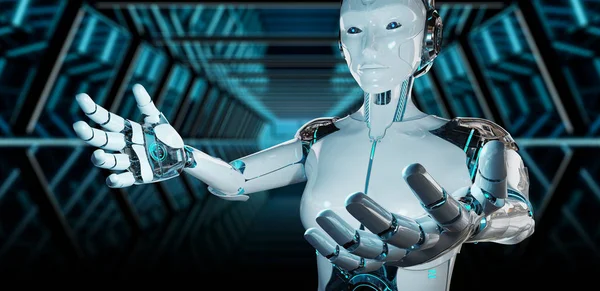 Alb femeie cyborg deschiderea ei două mâini 3D randare — Fotografie, imagine de stoc