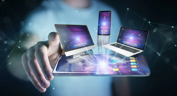 Modern devices connected in businessman hand 3D rendering — Stock Photo, Image