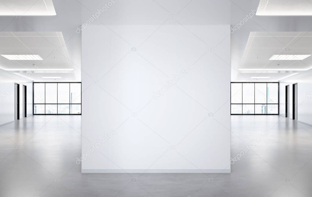 Blank squared wall in bright office mockup with large windows and sun passing through 3D rendering