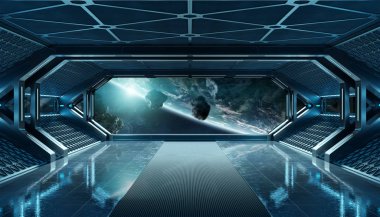 Koyu mavi uzay gemisi fütüristik iç planı üzerinde pencere Manzaralı