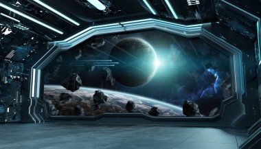 Koyu mavi uzay gemisi fütüristik iç spac pencere Manzaralı