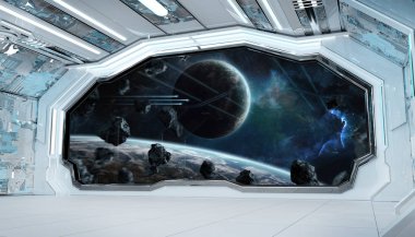 Beyaz mavi uzay gemisi fütüristik iç pencere manzaralı spa