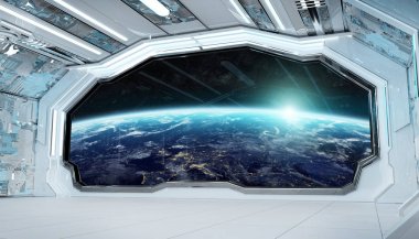 Beyaz mavi uzay gemisi fütüristik iç pencere manzaralı pla