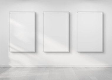 Bir duvara asılı üç kare mockup 3d render