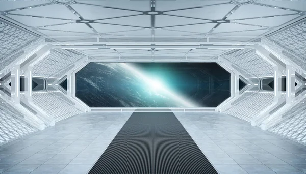 Witte blauwe ruimteschip futuristische interieur met venster zicht op pla — Stockfoto