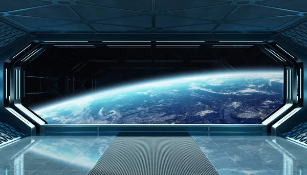 Dark blue spaceship futuristic interior with window view on plan