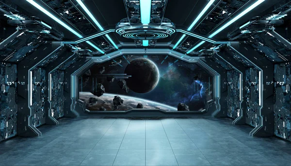 Dark blue spaceship futuristic interior with window view on spac — Stock Photo, Image