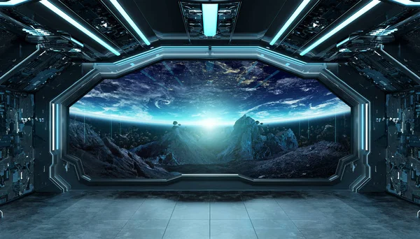 Dark blue spaceship futuristic interior with window view on spac