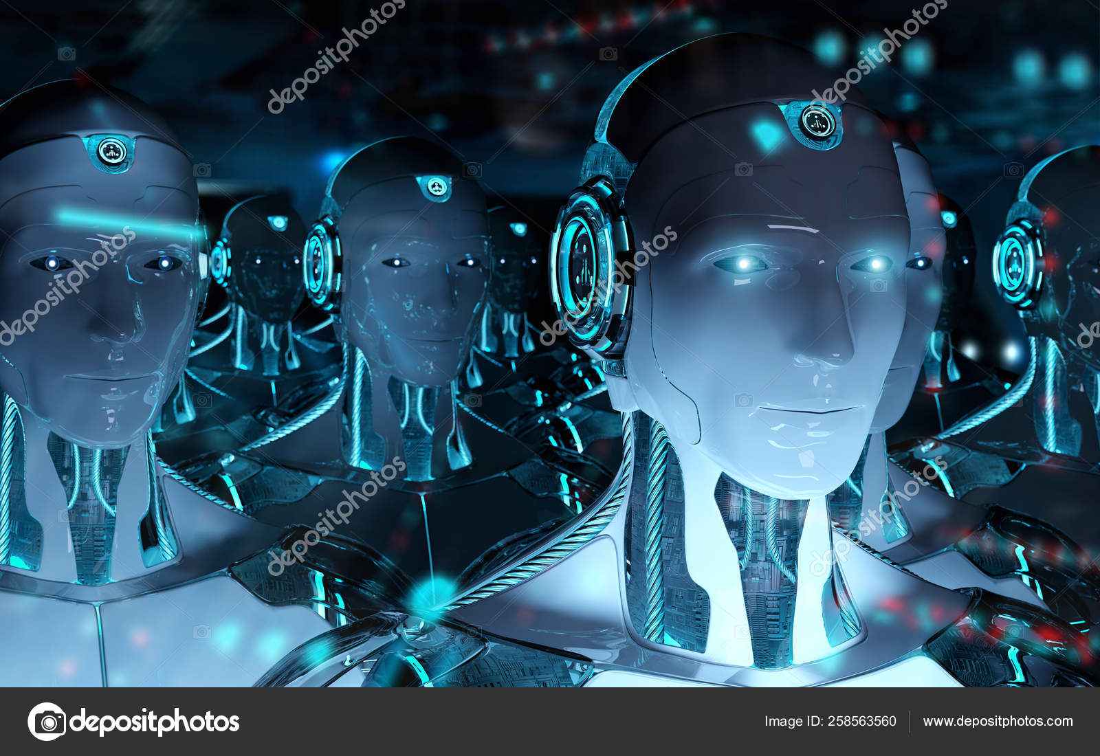 Ellos Óptima Producción Grupo de robots masculinos siguiendo líder cyborg ejército 3d renderizado:  fotografía de stock © sdecoret #258563560 | Depositphotos