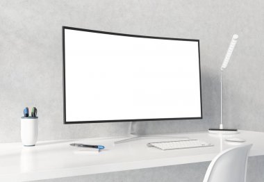 Beyaz masaüstü beton iç mockup 3d rend kavisli monitör