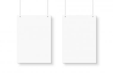 Duvarda asılı duran iplerle izole edilmiş beyaz poster 3d rende