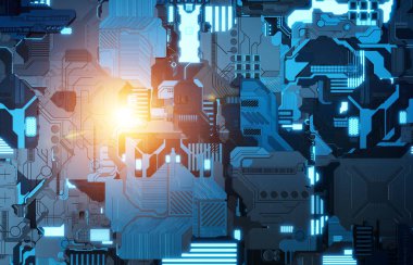 Fütüristik mavi ve turuncu teknoloji paneli arka plan ile lots-in de